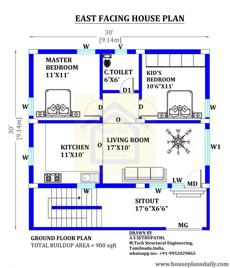 30x30 East Vastu House Plan