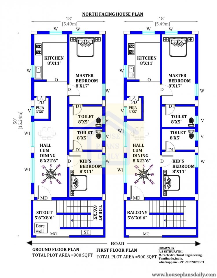 18x50 North House Vastu Plan House Plan And Designs PDF Books