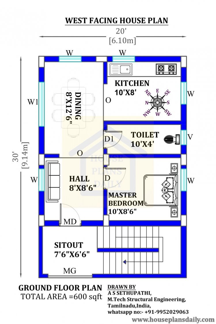 20x30 West Facing House Plan| Vastu Home - House Plans Daily