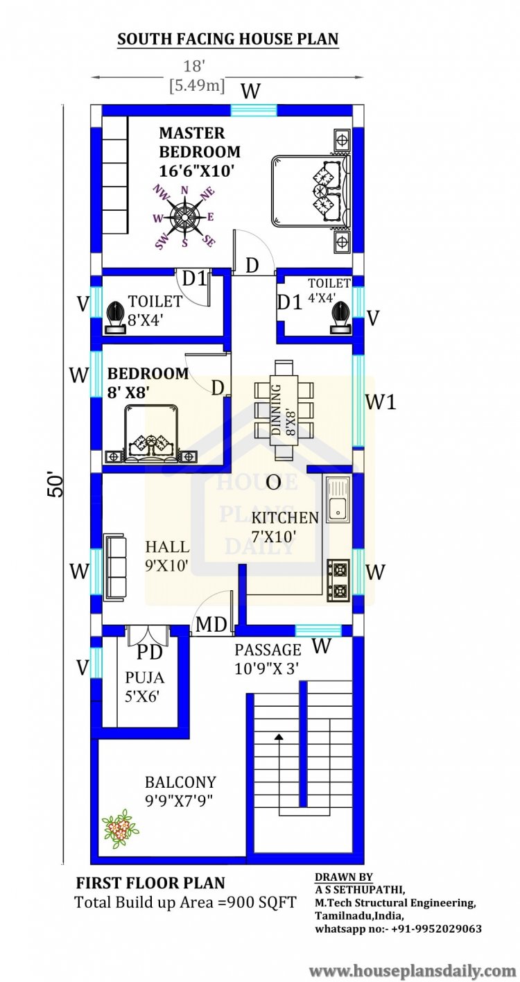 18x50 south facing house plan with pooja room