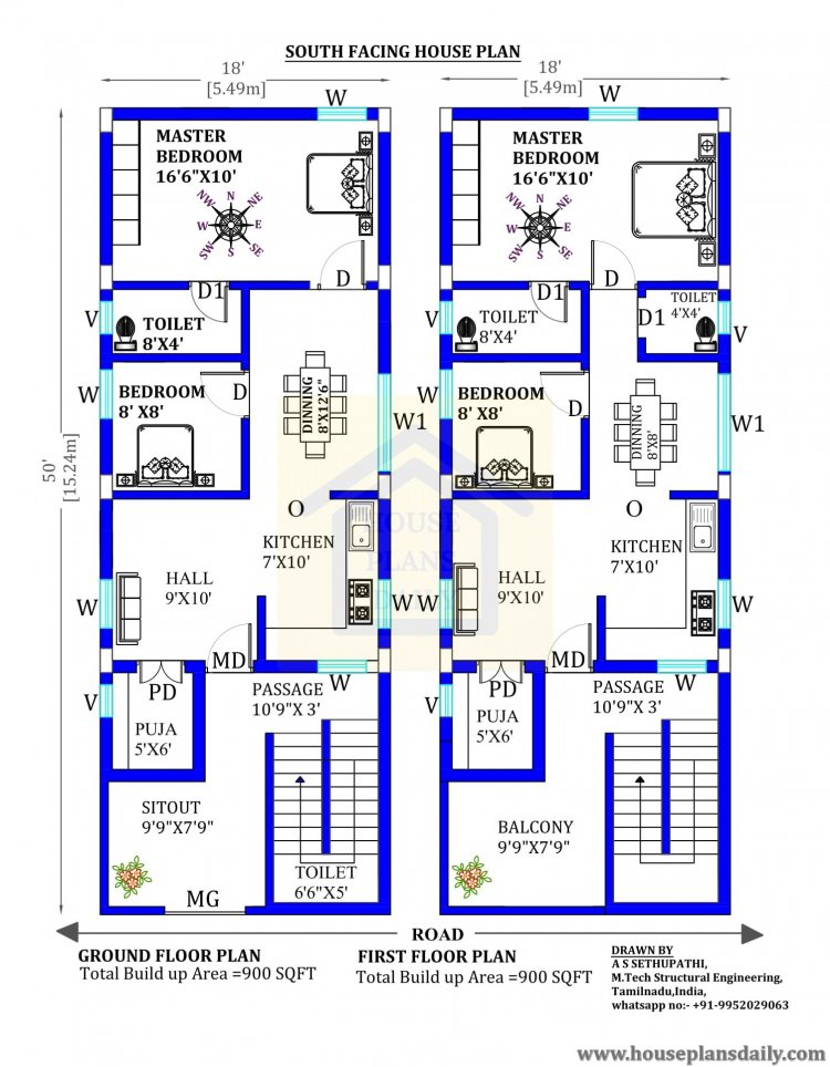 18x50 South Facing House Plan With Pooja Room House Plan And Designs PDF Books