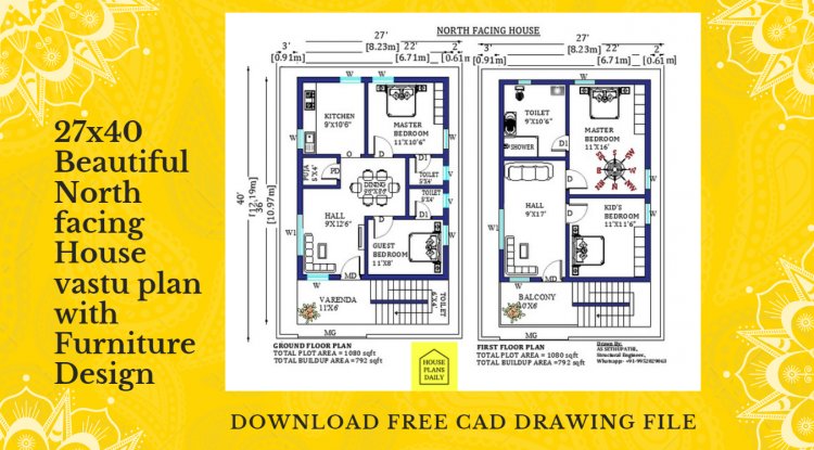 27x40 North facing House vastu plan