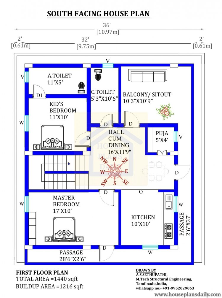 36x40 South Facing House Plan According to Vastu - House Plan and ...