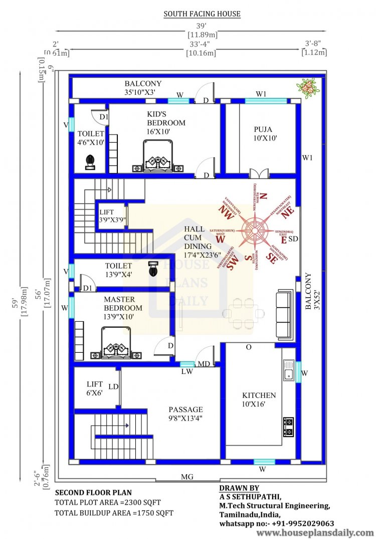 39x59 G+2 South Facing Home Plan With Vastu