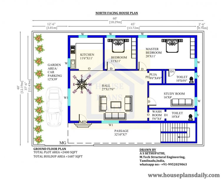 Kosmisch Immigratie Omleiden 60x40 North Facing Floor Plan - House Plans Daily