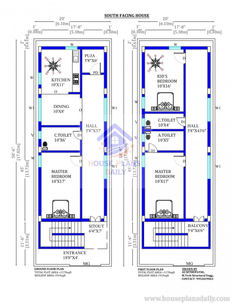 20x58 South Facing House Design As Per Vastu