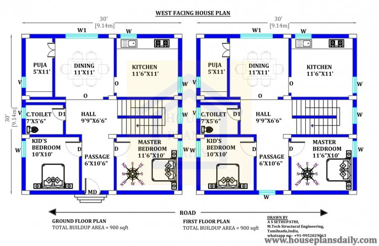 30x30 West Facing house plan designs