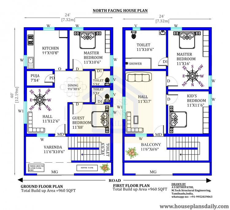 24x40 North facing house design plan