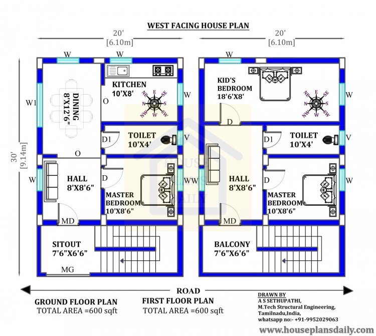 west facing house plans for 20x30 site