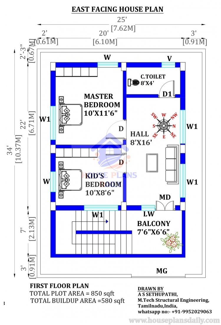 2 Bhk East Facing House Plan According To Vastu 25 X 34 House Plan Design 2023 