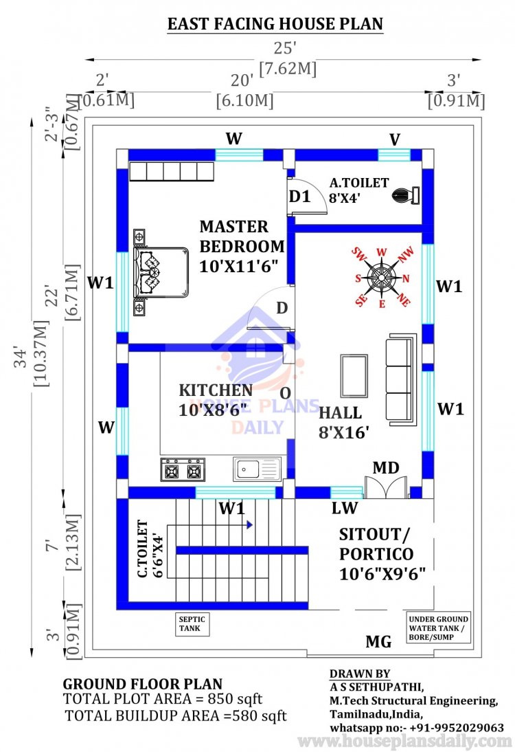 2 Bhk East Facing House Plan As Per Vastu 25x34 House Plan Design 