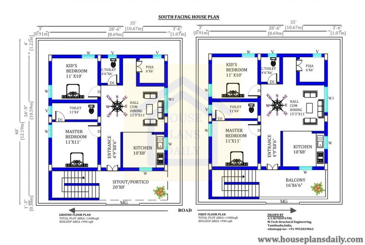 2BHK Floor Plan 1000 Sqft House Plan South Facing Plan House Plan 