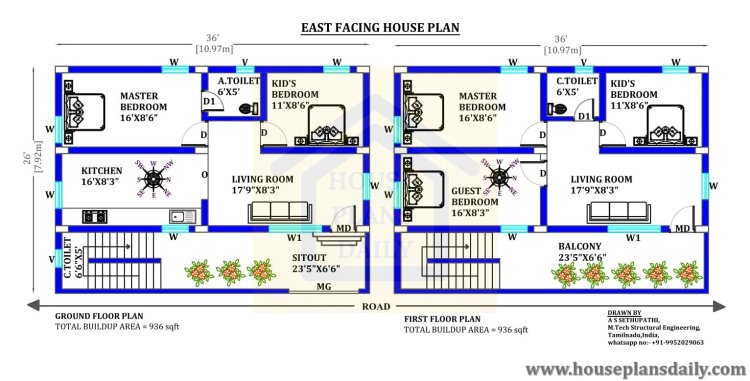 26 x 36 house plan with 3d elevation