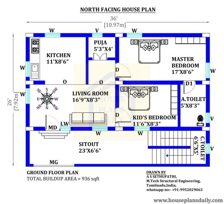 936 sqft vastu house plan