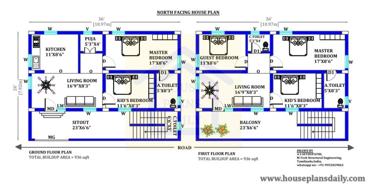 36x26 north facing vastu plan