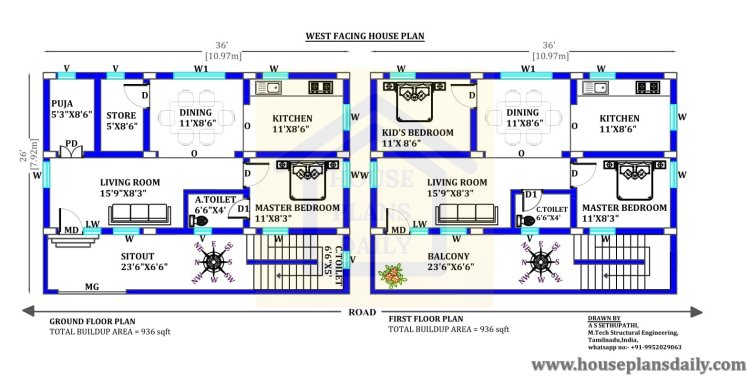 936 sqft vastu home plan