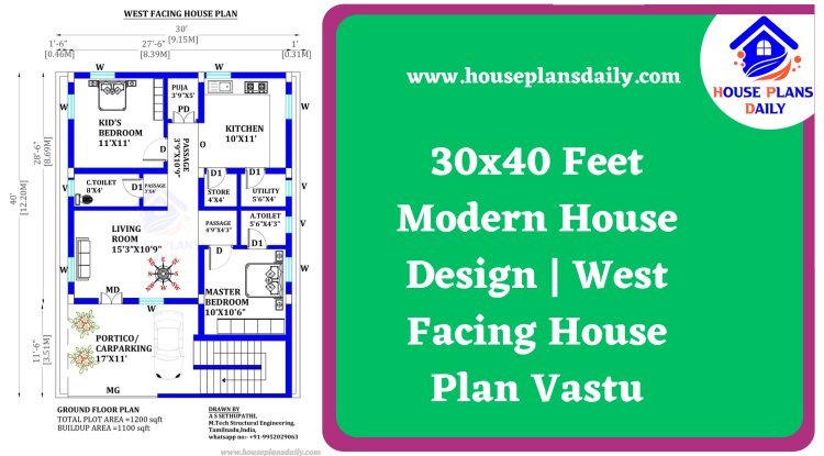 30x40 Feet Modern House Design | West Facing House Plan Vastu