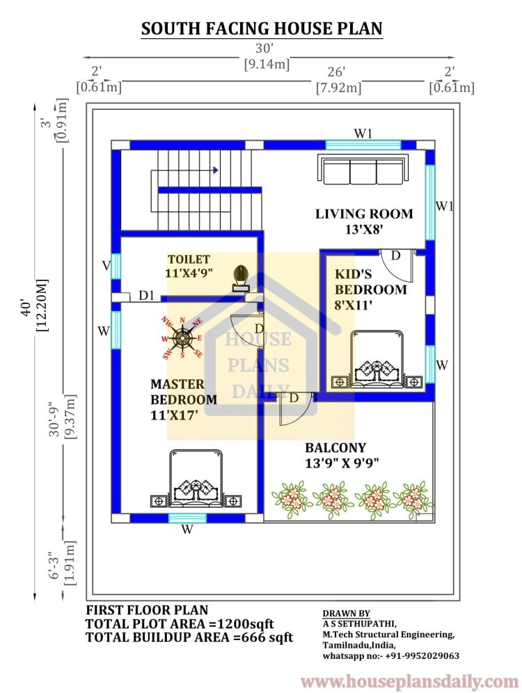 30 by 40 House Plans | Design for Duplex House South Facing