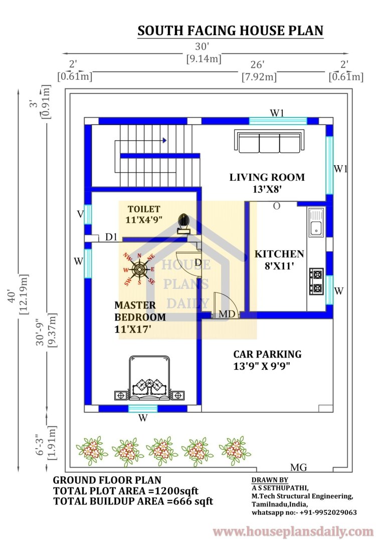 30 by 40 House Plans | Design for Duplex House South Facing