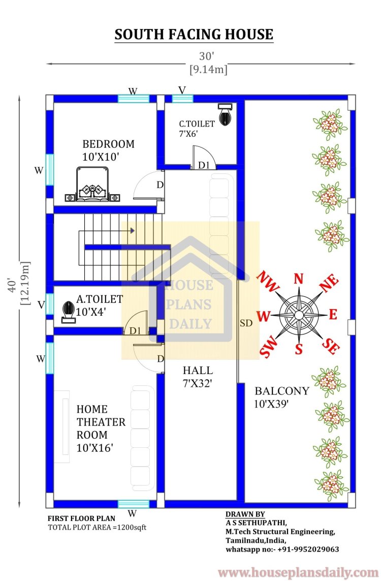 30x40 Duplex House Design | South Face House Vastu