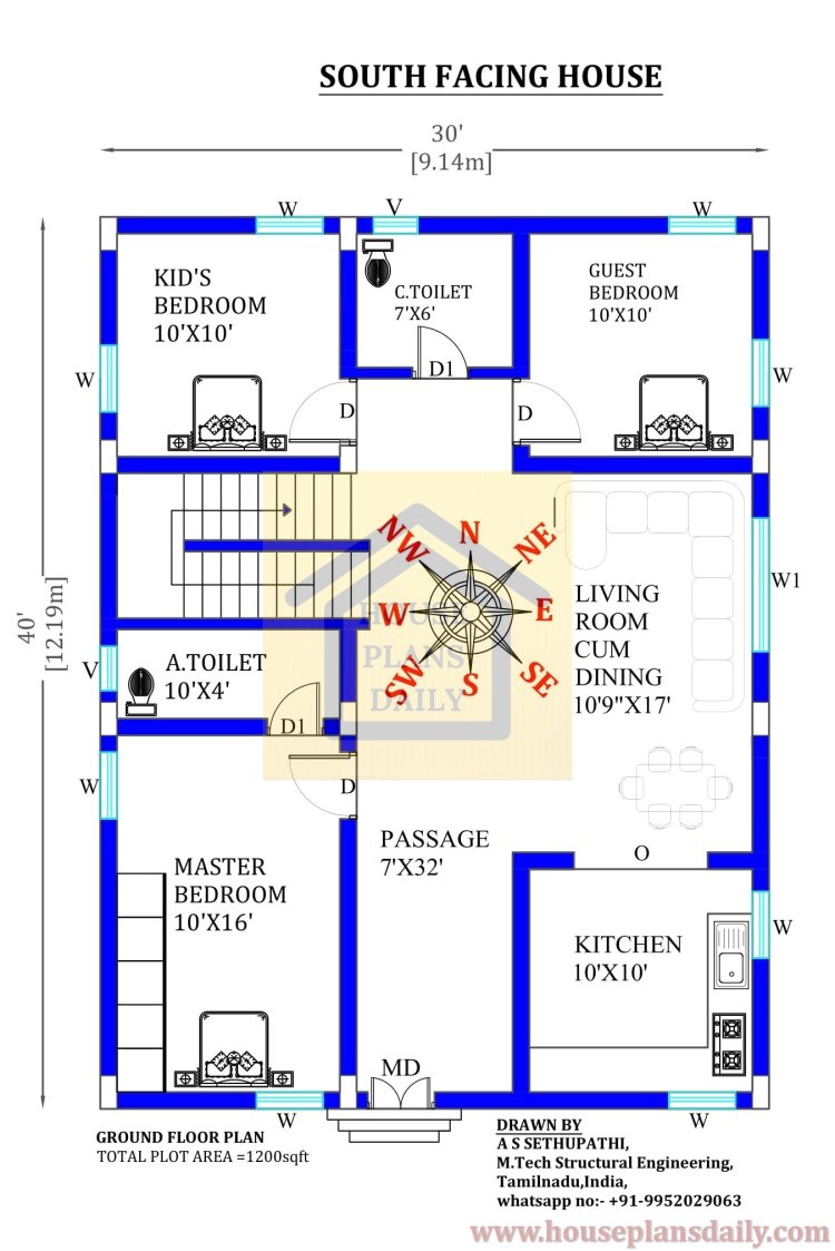 30x40 Duplex House Design | South Face House Vastu