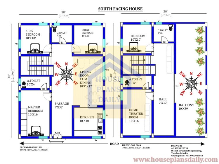 30x40 Duplex House Design | South Face House Vastu