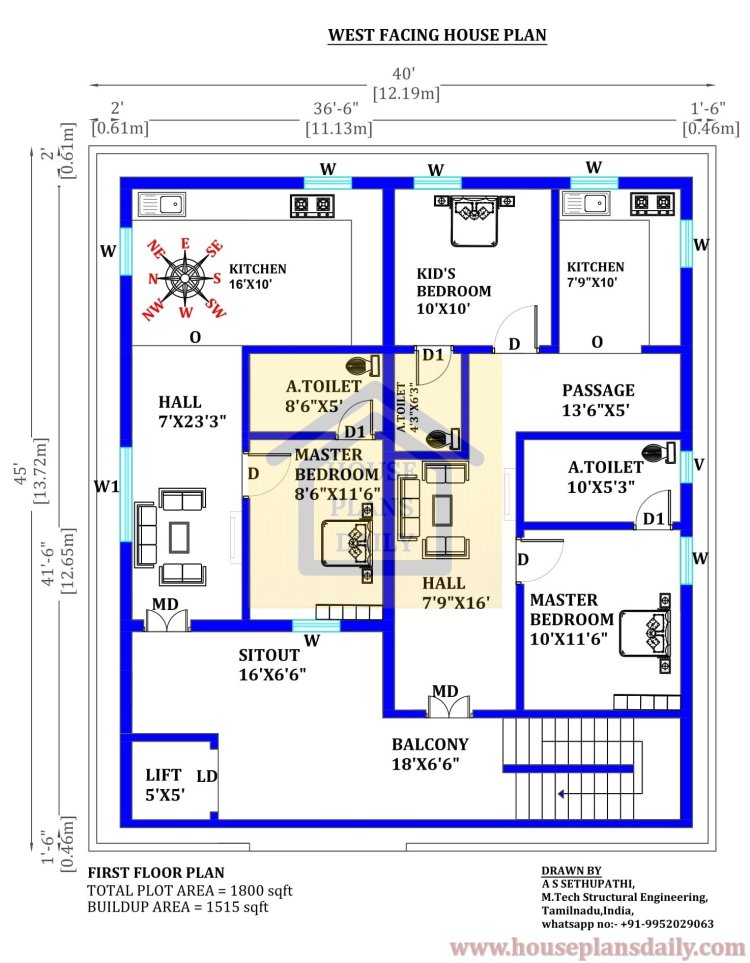 Three Story House Plan | West Face House | 40x45 House Plan