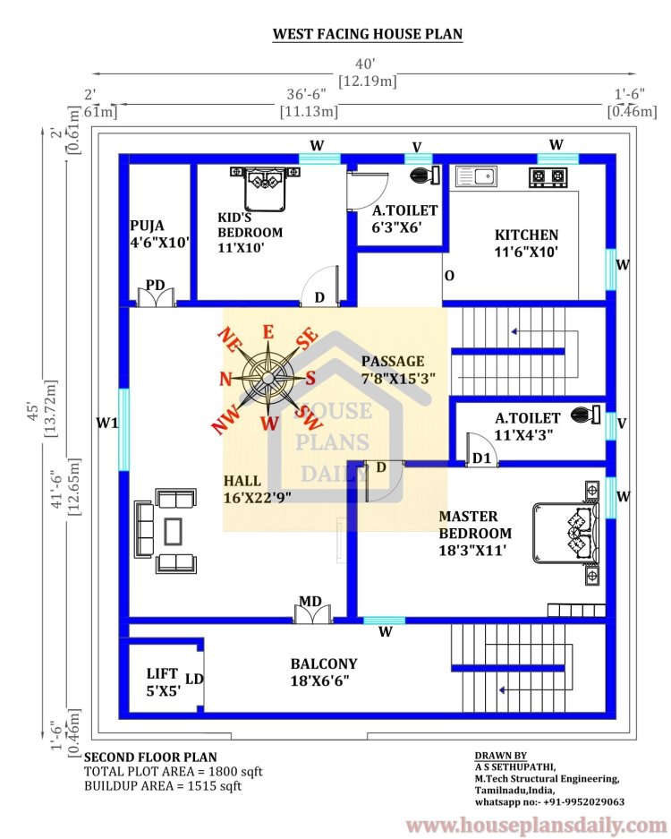 Three Story House Plan | West Face House | 40x45 House Plan