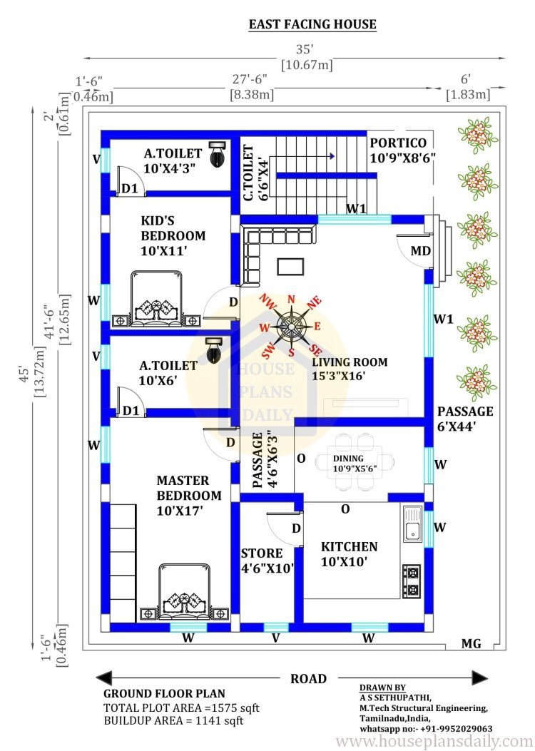 East Facing House Plan with Vastu Shastra