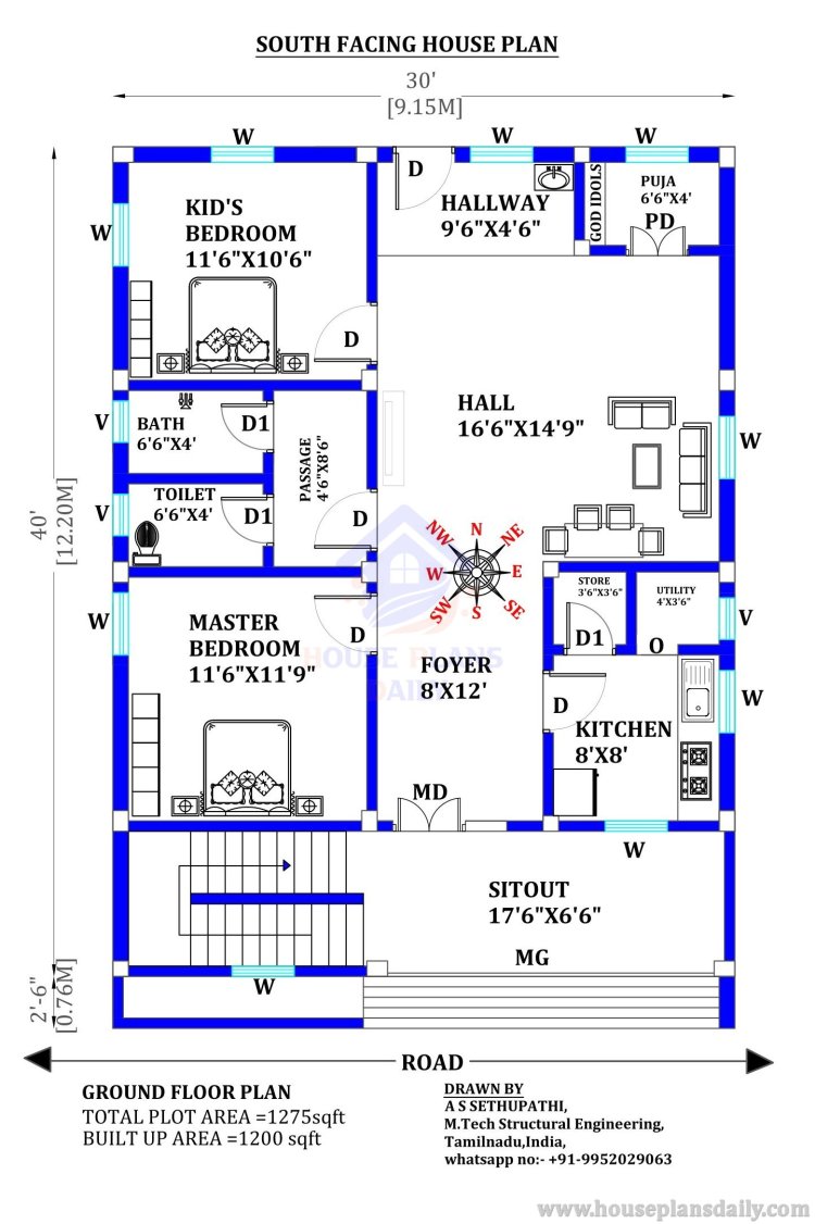 30x40 Ghar Ka Naksha | South Facing House Design