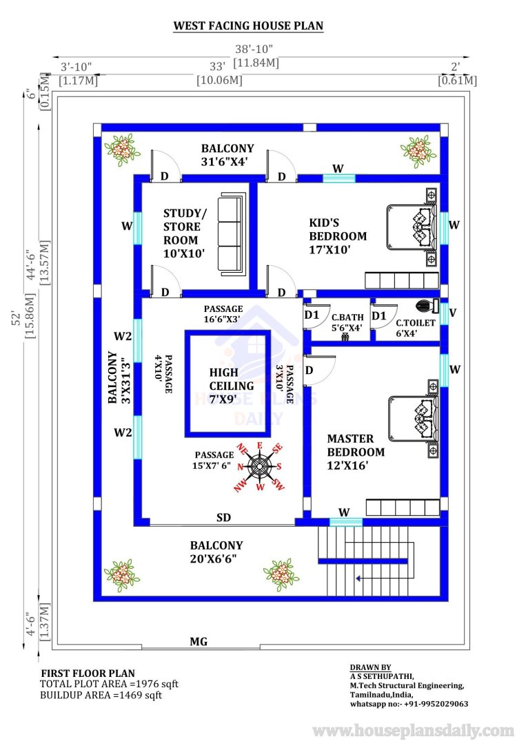 West Facing High Ceiling House Plan | Design of Two Floor House