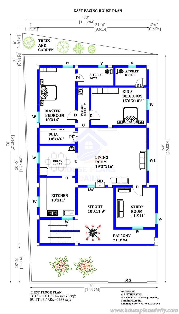 Vastu Plan for East Facing House | East Facing Vastu Plan | 2 Bedroom House Plan