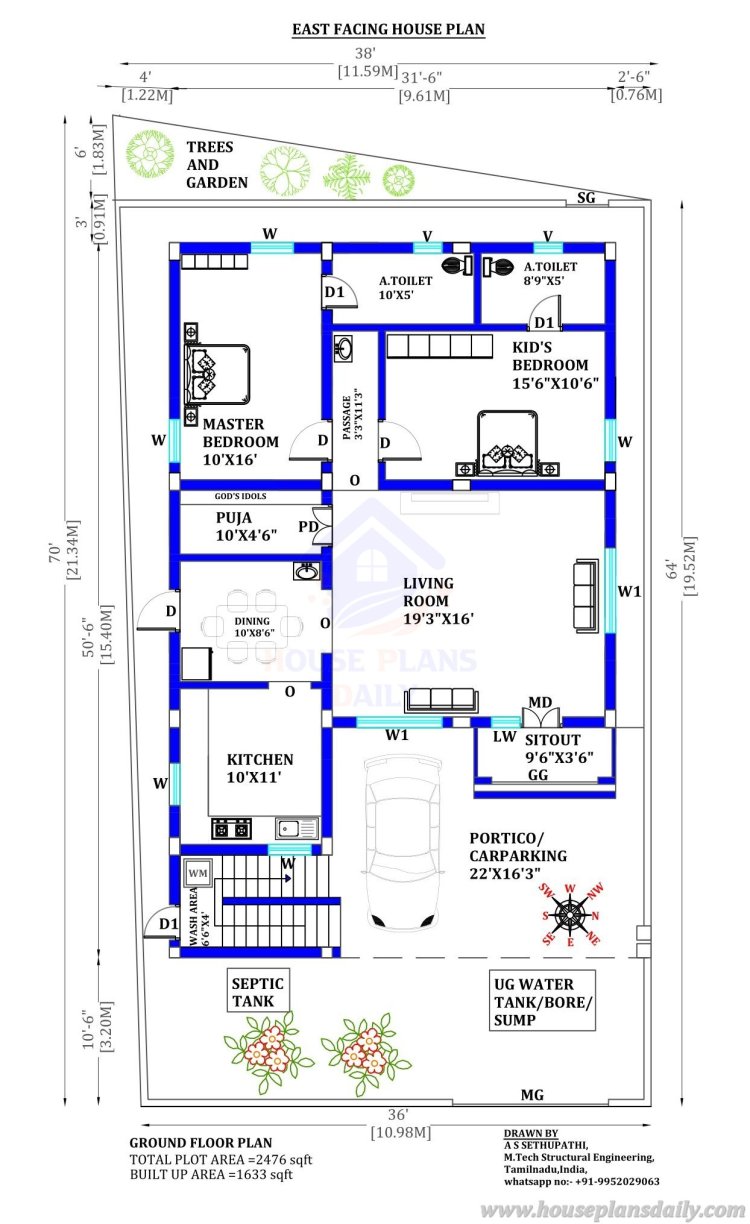 Vastu Plan for East Facing House | East Facing Vastu Plan | 2 Bedroom House Plan