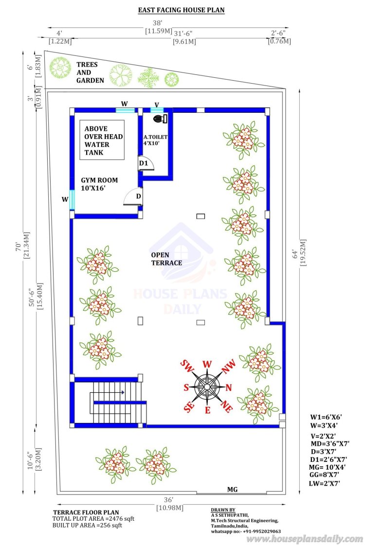 Vastu Plan for East Facing House | East Facing Vastu Plan | 2 Bedroom House Plan