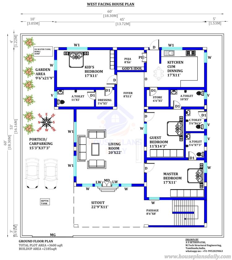 West Facing 2 storey house plan with Elevation