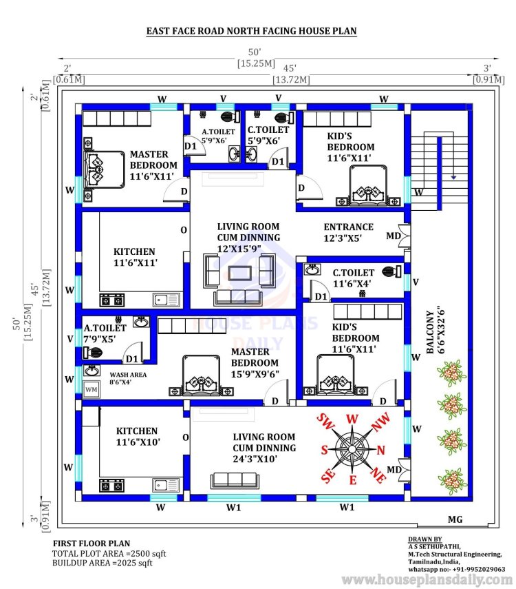 East Face Road North Facing House Plan | 2500 Sq Ft Home