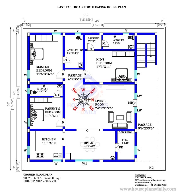 East Face Road North Facing House Plan | 2500 Sq Ft Home