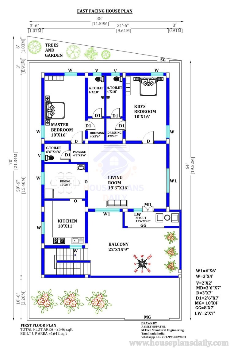 East Facing House Plan with Vastu | 1600 Sqft House with Design