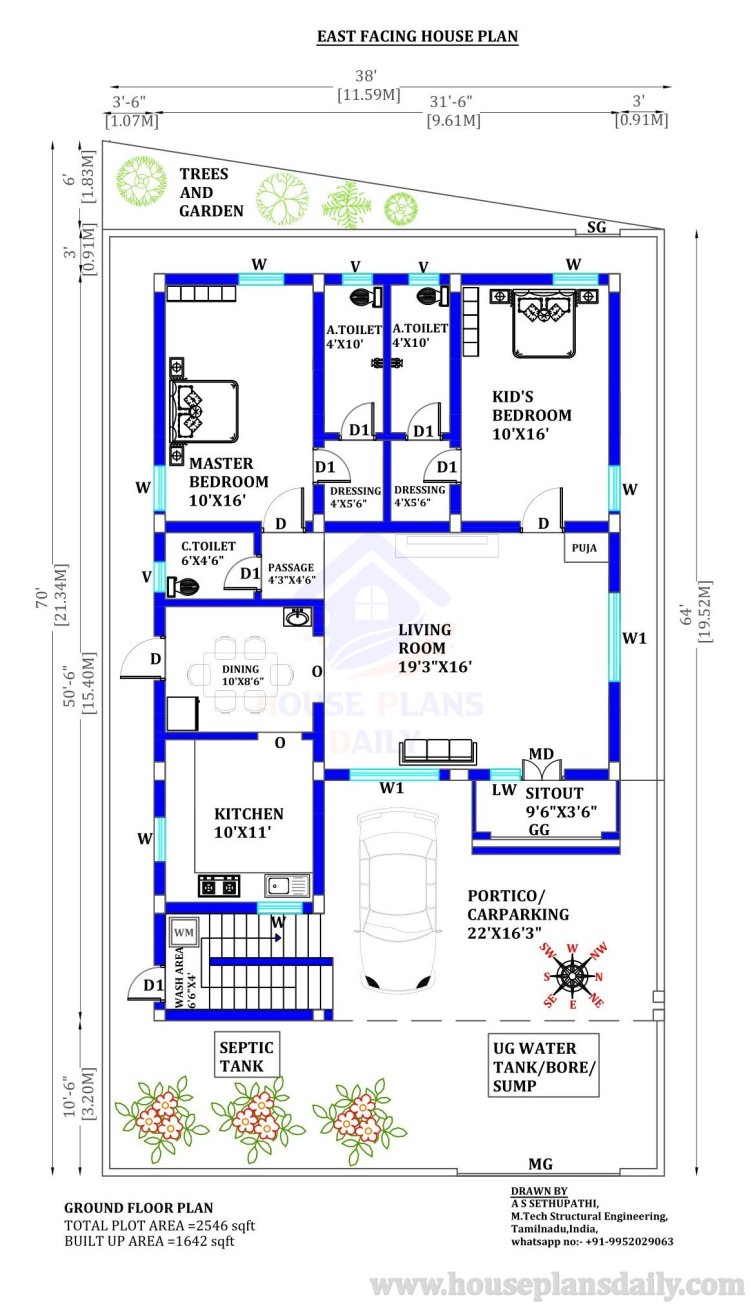 East Facing House Plan with Vastu | 1600 Sqft House with Design