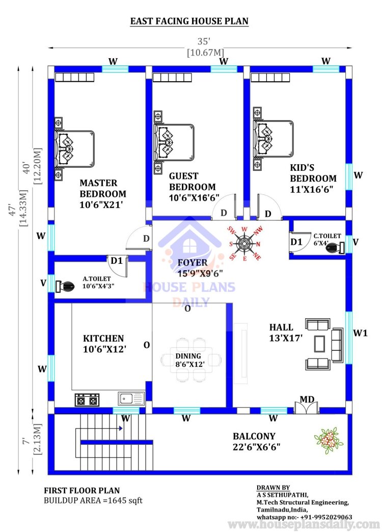 3 Floor House Design | 35x47 East Facing House Plan