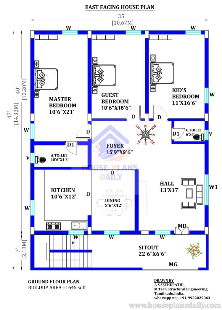 3 Floor House Design | 35x47 East Facing House Plan