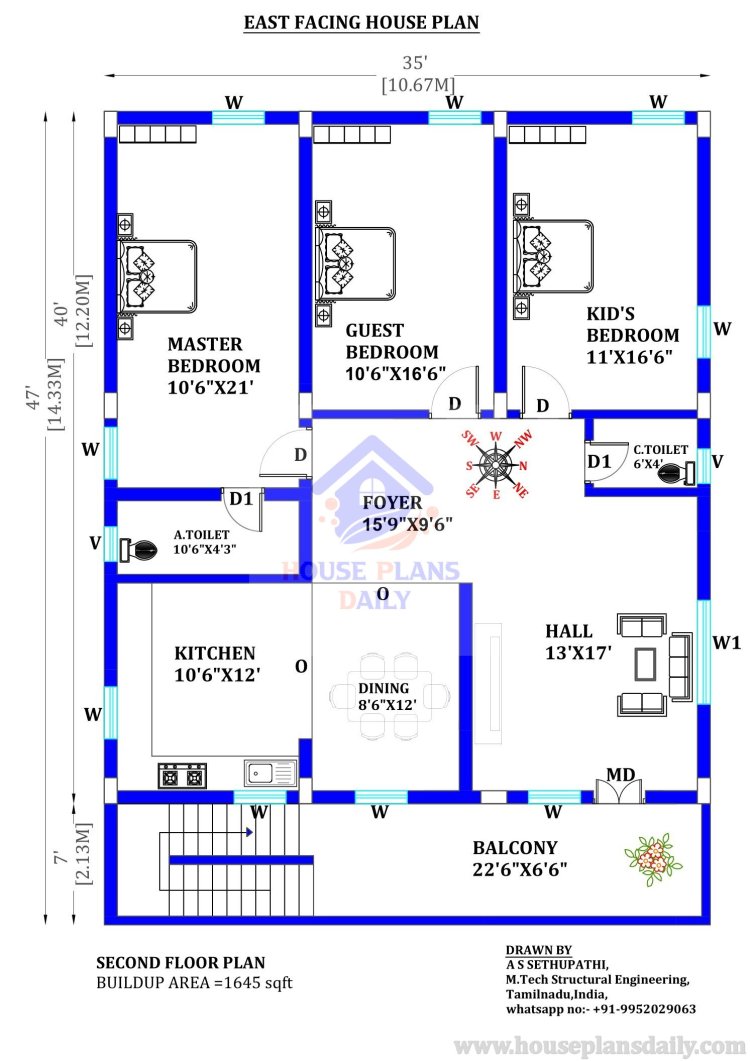 3 Floor House Design | 35x47 East Facing House Plan