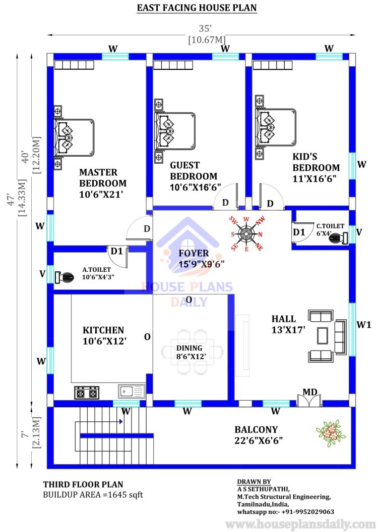 3 Floor House Design | 35x47 East Facing House Plan