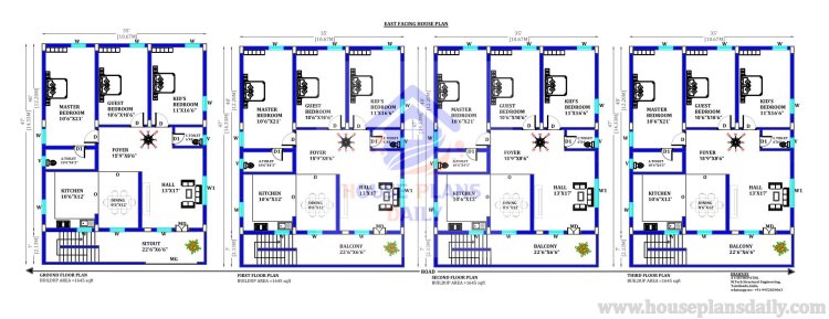 3 Floor House Design | 35x47 East Facing House Plan