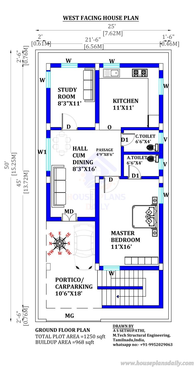 25x50 House Plans with Car Parking | West Face House Plan As Per Vastu