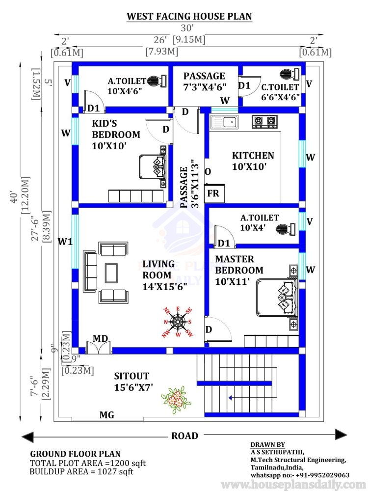 Single Floor Home Plan | 30x40 House Plan | West Face House