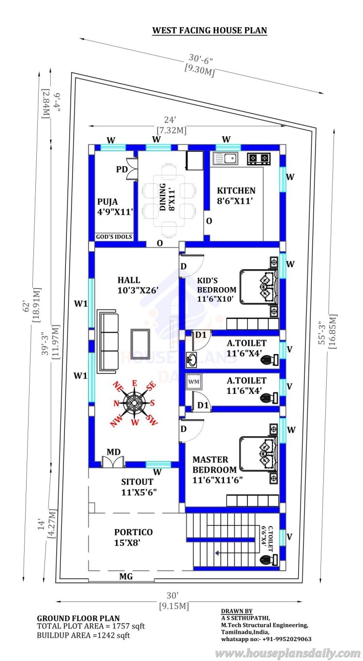 West Facing Vastu House | 30x50 house plans west facing