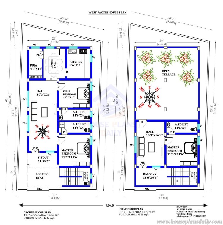 West Facing Vastu House | 30x50 house plans west facing