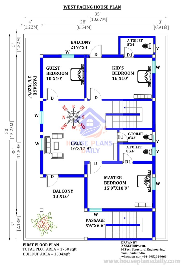 35’x50’ House Plan | Northwest Facing House Plan | Duplex House