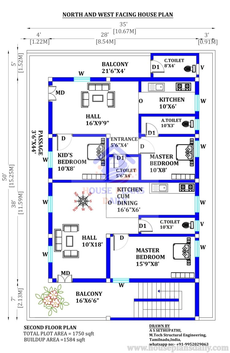 35’x50’ House Plan | Northwest Facing House Plan | Duplex House